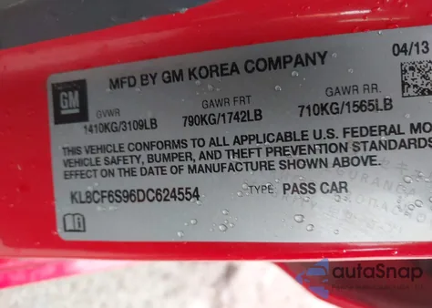 2013 Chevrolet Spark 2Lt Auto z USA, uszkodzony, nr VIN KL8CF6S96DC624554